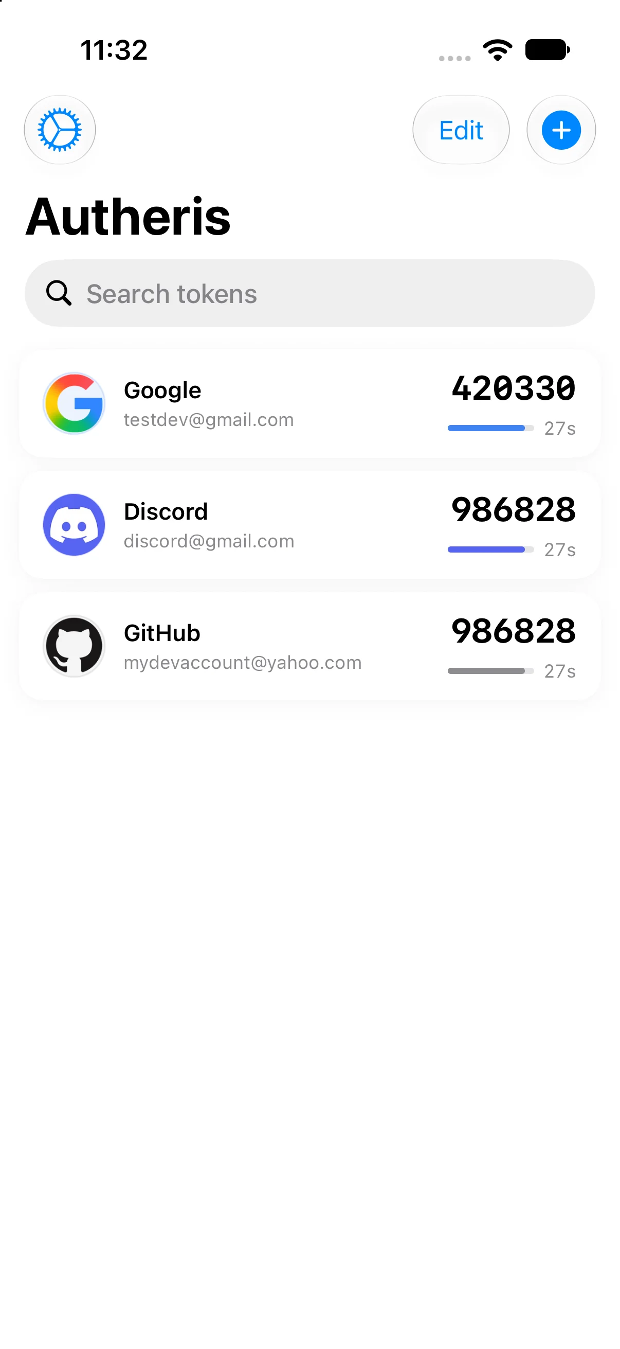 Autheris on iPhone showing one-time codes for Google, Discord and GitHub