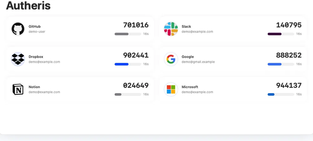 Autheris on Mac showing a grid of one-time codes for GitHub, Slack, Dropbox, Google, Notion and Microsoft