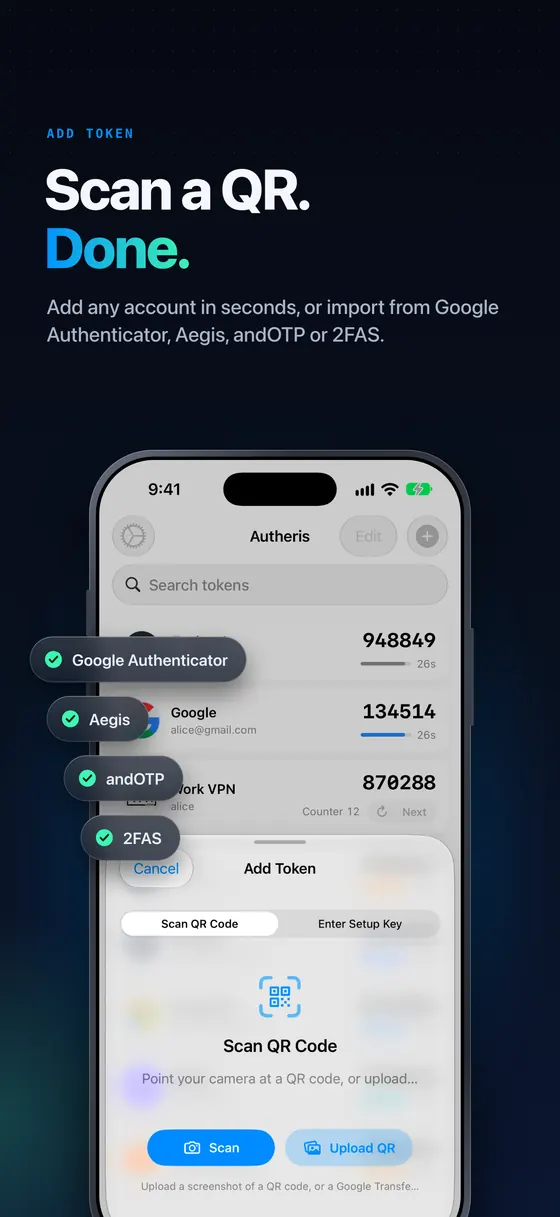 Scan a QR code, done: adding an account in Autheris, or importing from Google Authenticator, Aegis, andOTP or 2FAS
