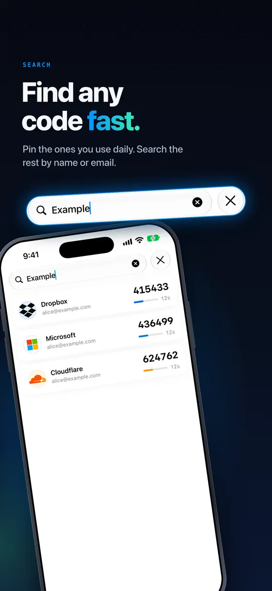 Find any code fast: searching the Autheris code list by name or email, with pinned accounts at the top