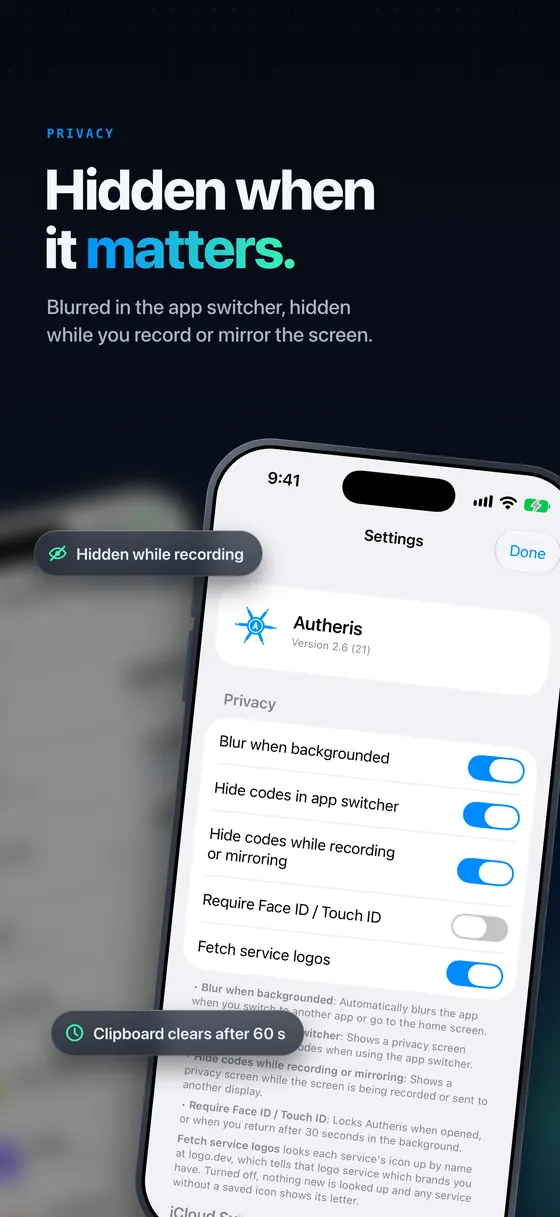 Hidden when it matters: Autheris privacy settings that blur codes in the app switcher and hide them while you record or mirror the screen