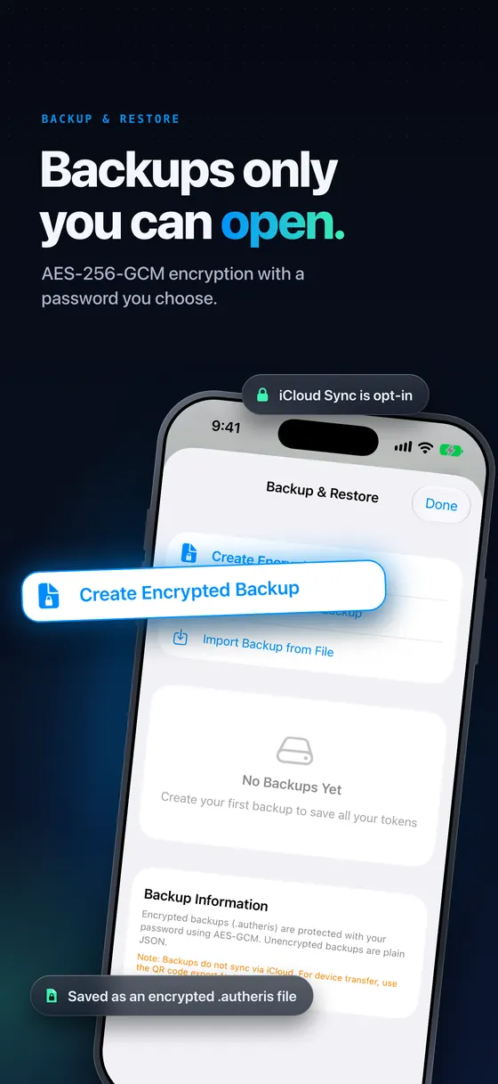 Backups only you can open: creating an AES-256-GCM encrypted .autheris backup with a password you choose