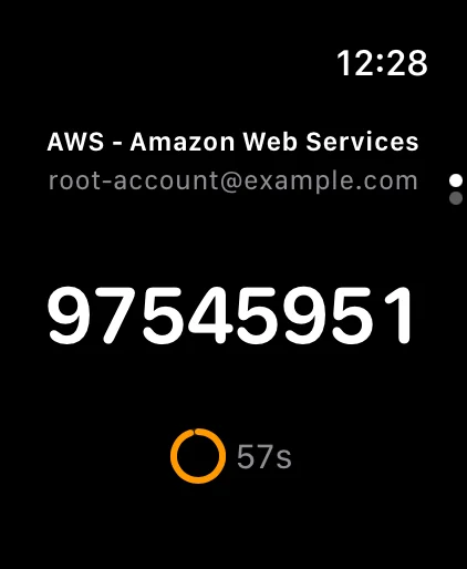 Autheris authenticator on Apple Watch showing a one-time code for AWS with 57 seconds left on its countdown ring