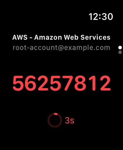 An Autheris 2FA code on Apple Watch three seconds before it expires, with the countdown ring turned red